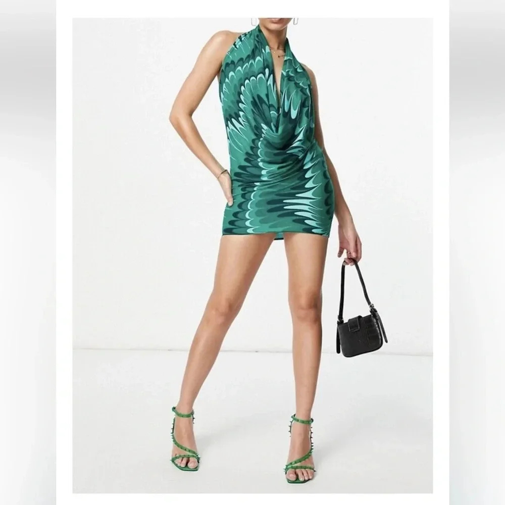 ASOS Design extreme halter cowl neck backless dress green wave print stretchy 8